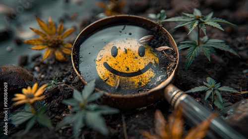 Concept of the search for happiness, a happy face and a magnifying glass that found it, it means that it is always hidden and that you have to look for it photo