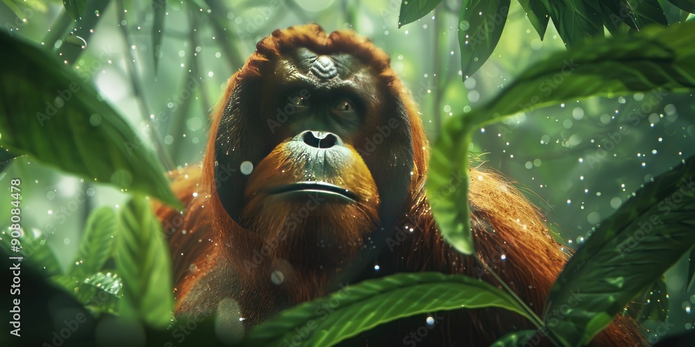 Obraz premium Wild Orangutan Sitting Among Greenery