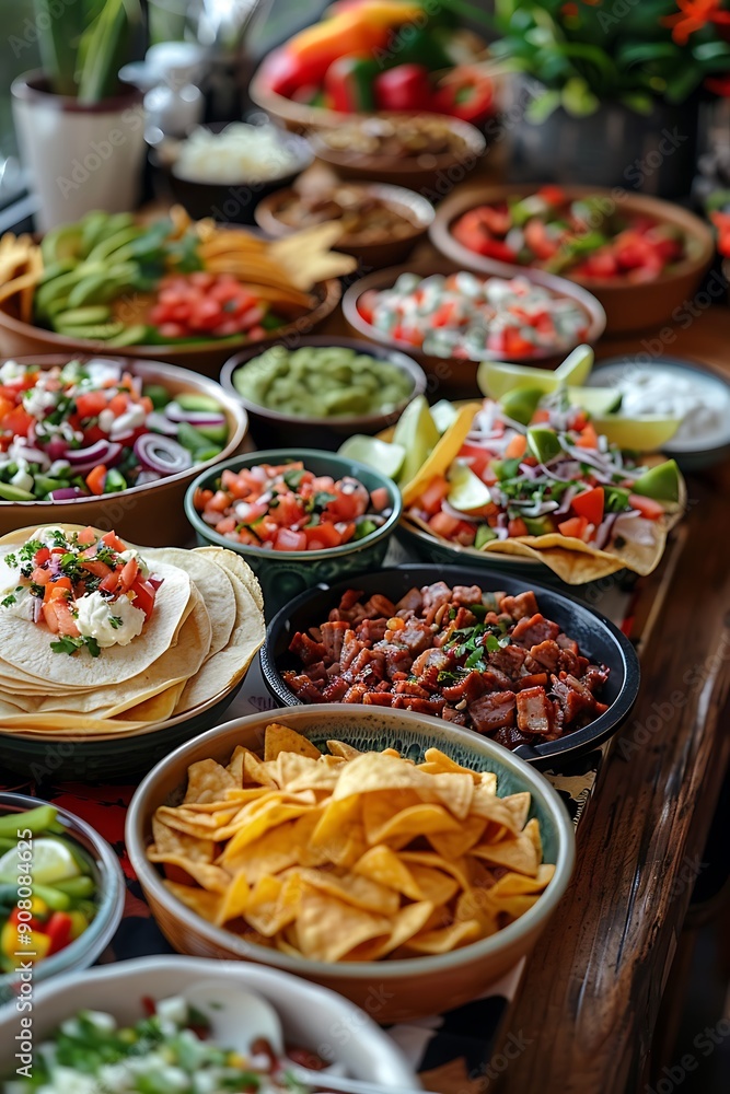 Assorted Mexican Dishes on a Wooden Table - Guacamole, Salsa, Chips, Tortillas Assorted Mexican Dishes on a Wooden Table - Guacamole, Salsa, Chips, Tortillas