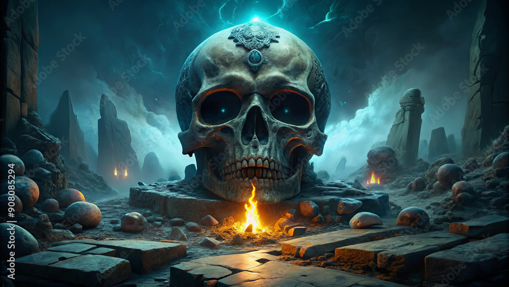 A large skull statue stands ominously among stones and glowing flames in an ancient, mysterious location under a stormy sky A large skull statue stands ominously among stones and glowing flames in an ancient, mysterious location under a stormy sky