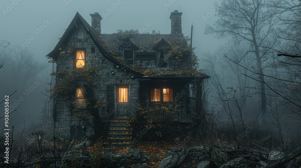 Obraz premium Haunted house with eerie glowing windows and overgrown foliage creating a spooky and mysterious Halloween night scene
