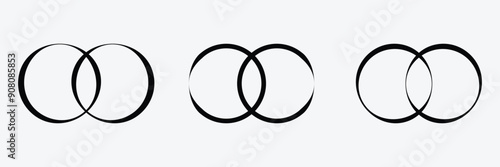 Simple overlapping circles vector drawing, version with three to seven objects, also interlocked rounds style. Vector illustration on grey background. Eps file 13.