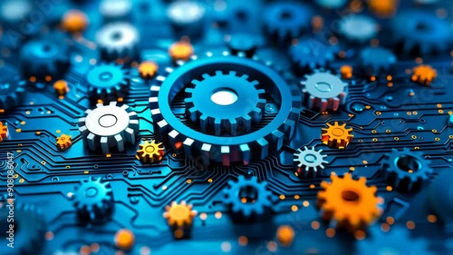 Innovative Software Update and System Installation Illustrated by Gears on Circuit Board for Quality Improvement, Futuristic Technology, and Optimization Processes