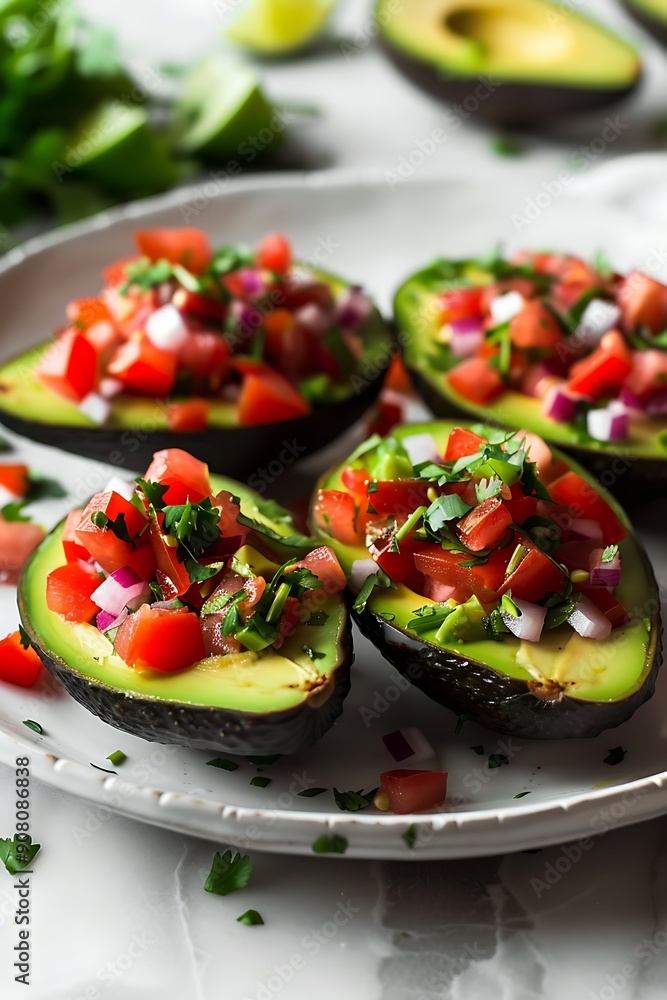 Close up of Avocado Halves Stuffed with Fresh Tomato, Red Onion, and Cilantro Salsa. Close up of Avocado Halves Stuffed with Fresh Tomato, Red Onion, and Cilantro Salsa.