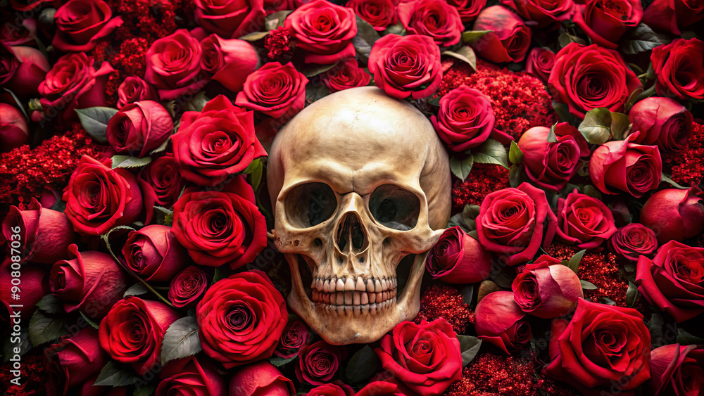A human skull is placed among an array of beautiful red roses, creating a striking contrast in the floral arrangement A human skull is placed among an array of beautiful red roses, creating a striking contrast in the floral arrangement
