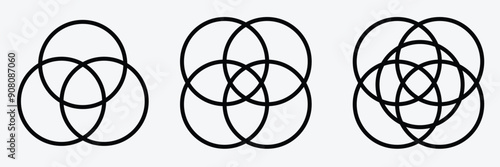 overlapping circles vector drawing, version with three to seven objects, also interlocked rounds style. Overlapping geometric shapes. Vector illustration. Eps file 14.