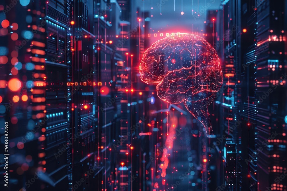 Fototapeta premium Artificial intelligence and neural network holograms on a business center background are revolutionizing the way companies operate.