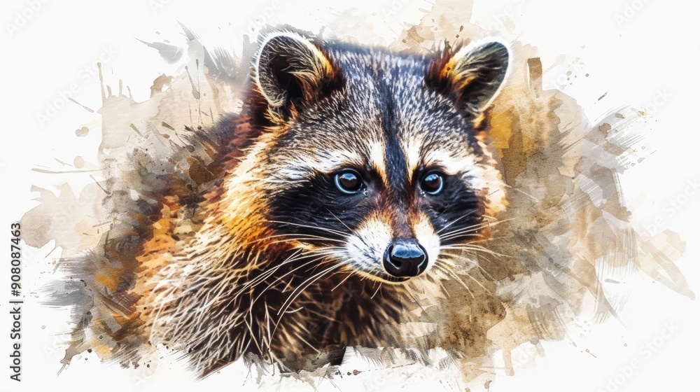 Watercolor illustration of a raccoon in a natural setting Watercolor illustration of a raccoon in a natural setting