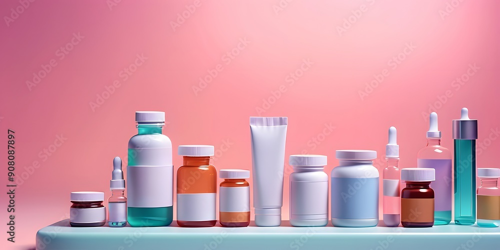A sleek podium featuring various medical supplies and medicines, arranged in a minimalist and clean setup on a pastel background. A sleek podium featuring various medical supplies and medicines, arranged in a minimalist and clean setup on a pastel background.
