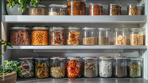 Elegant pantry organization with white shelves and glass jars displaying dried foods and spices photo