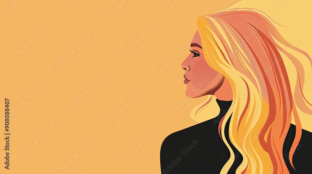 Stylized illustration of a woman in profile view with long flowing hair in shades of yellow and orange, on a solid orange background, Stylized illustration of a woman in profile view with long flowing hair in shades of yellow and orange, on a solid orange background,