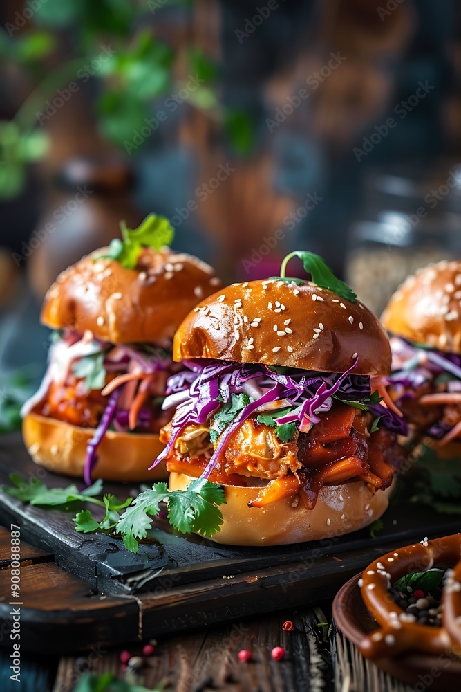 Close-up of Three Delicious Pulled Pork Sliders with Red Cabbage and Cilantro. Close-up of Three Delicious Pulled Pork Sliders with Red Cabbage and Cilantro.