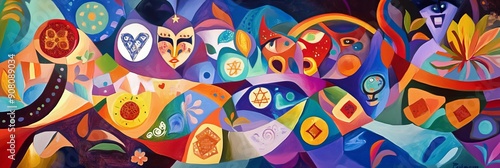 Festive Purim banner with a colorful background featuring masks, hamantaschen, and traditional Jewish elements. The scene is lively and celebratory photo