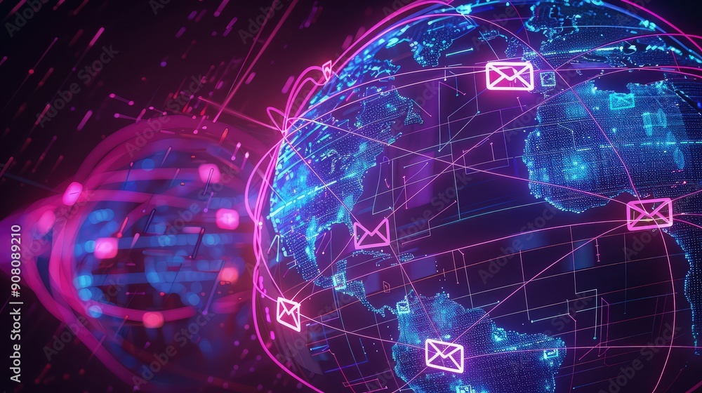 A neon pink and blue globe with digital lines connecting various countries, each line ending in an email icon, symbolizing global email communication. The setting is a dark space-like environment. A neon pink and blue globe with digital lines connecting various countries, each line ending in an email icon, symbolizing global email communication. The setting is a dark space-like environment.