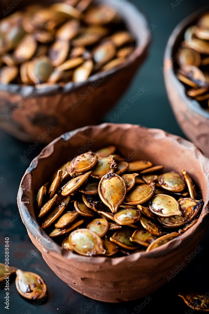 Close-up of Toasted Pumpkin Seeds in a Clay Bowl. Close-up of Toasted Pumpkin Seeds in a Clay Bowl.