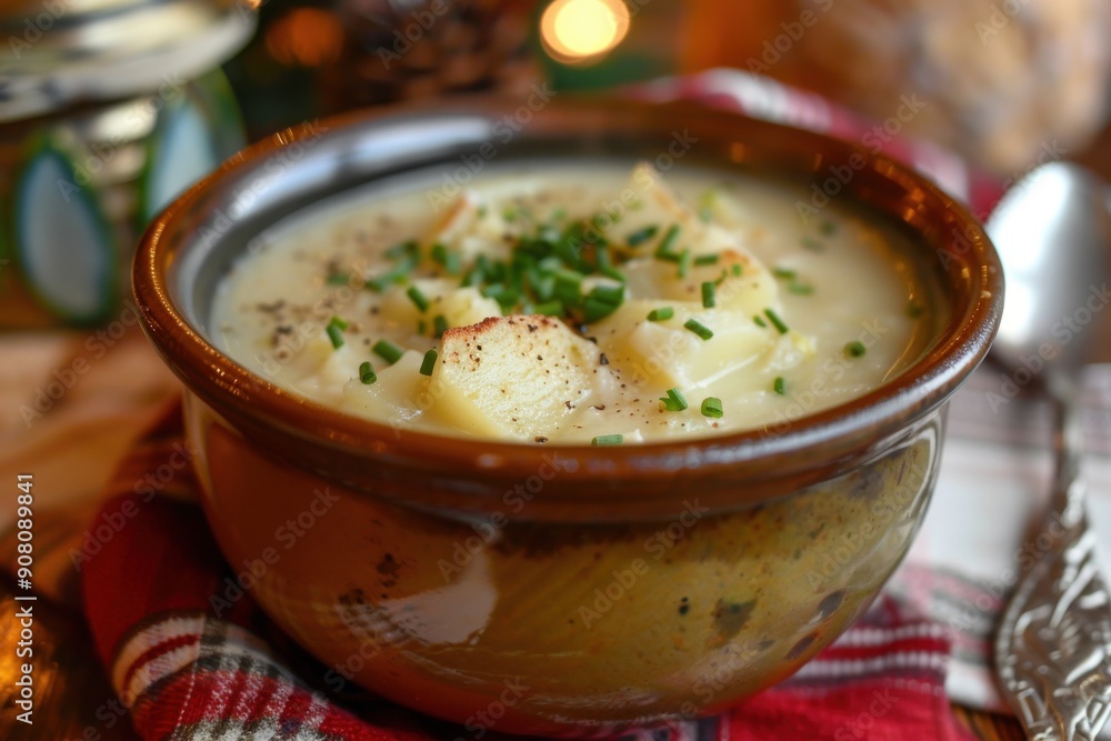 Homemade potato and leek soup presented in a delightful bowl exuding classic comfort and flavor. Key topics include potato-leek soup, homely dish, classic bowl, homemade dish, timeless taste Homemade potato and leek soup presented in a delightful bowl exuding classic comfort and flavor. Key topics include potato-leek soup, homely dish, classic bowl, homemade dish, timeless taste