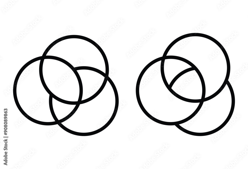 overlapping circles vector drawing, version with three to seven objects, also interlocked rounds style. Overlapping geometric shapes. Vector illustration. Eps file 17. overlapping circles vector drawing, version with three to seven objects, also interlocked rounds style. Overlapping geometric shapes. Vector illustration. Eps file 17.