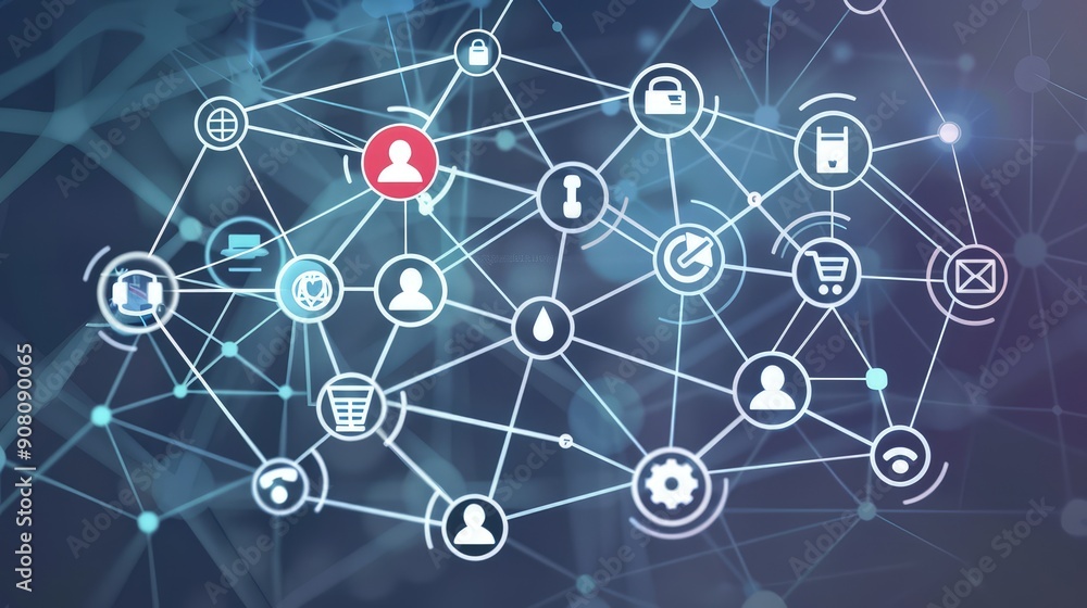 A network visualization of a multichannel customer service approach, with icons representing phone, chat, email, and social media all connected to a central service hub. A network visualization of a multichannel customer service approach, with icons representing phone, chat, email, and social media all connected to a central service hub.