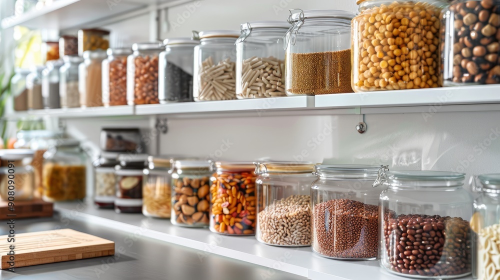 Well stocked pantry display with jars of dried goods in a modern kitchen Well stocked pantry display with jars of dried goods in a modern kitchen