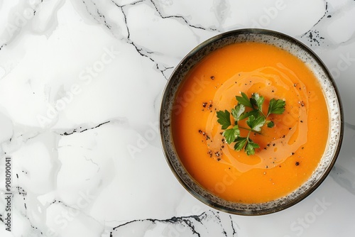 Smooth pumpkin bisque arranged in a creamy dish, showcased on a sleek marble background with ample white space, captured from an aerial perspective photo