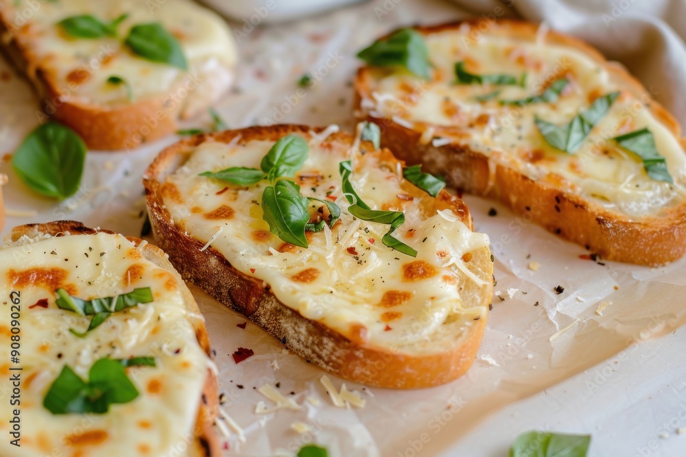 Toasted bread pieces with melted cheese and fresh basil arranged on a light-colored surface Toasted bread pieces with melted cheese and fresh basil arranged on a light-colored surface