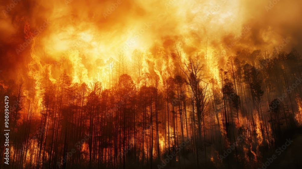 Pine forest fire disaster at night with large flames burning hot. Pine forest fire disaster at night with large flames burning hot.