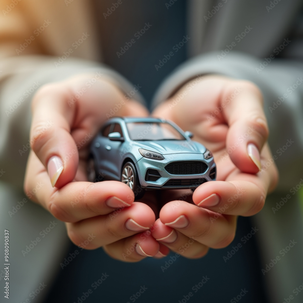 Fototapeta premium photo of close up two hand holding with mini wooden car toy, generative AI