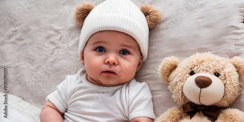 a baby with dark blue eyes on a bed with a teddy bear and a white beanie,