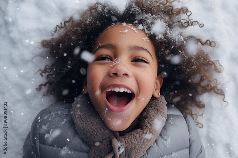 The young girl in the snowy park under snowfall with open mouth and happiness at her face. She tryes to catch snowflakes by her tongue. The young girl in the snowy park under snowfall with open mouth and happiness at her face. She tryes to catch snowflakes by her tongue.