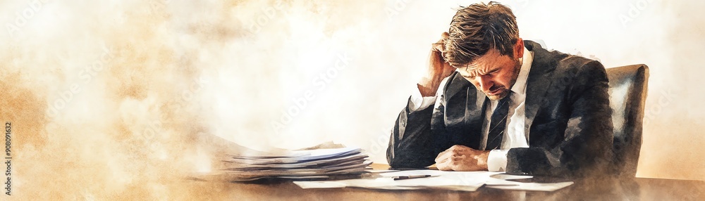 Obraz premium Distressed banker, overwhelmed at desk, financial ruin, Watercolor style