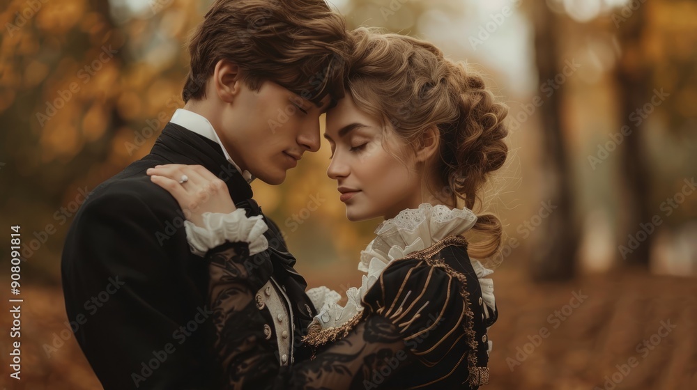 Woman in elegant black suit embracing young lover in autumn forest Woman in elegant black suit embracing young lover in autumn forest