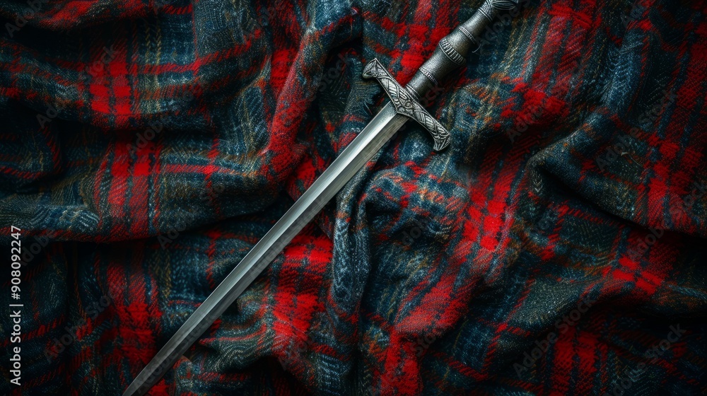 Medieval sword resting on a scottish tartan kilt cloth Medieval sword resting on a scottish tartan kilt cloth