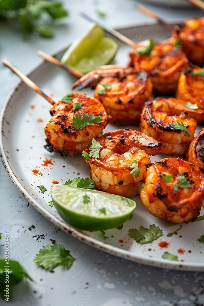 Closeup of Grilled Shrimp Skewers with Lime and Cilantro on White Plate. Closeup of Grilled Shrimp Skewers with Lime and Cilantro on White Plate.