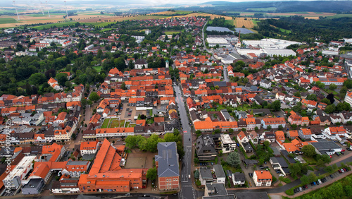 An aerial panorama view around old town of Seesen on a sunny summer day in Germany.