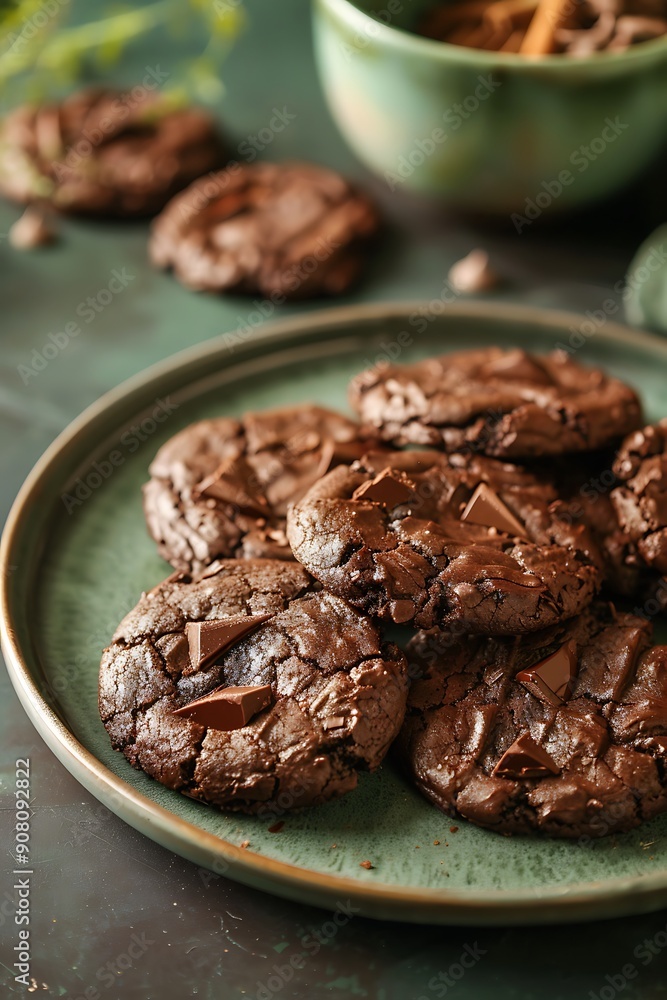 Close-up of Chocolate Chip Cookies on a Green Plate. Close-up of Chocolate Chip Cookies on a Green Plate.
