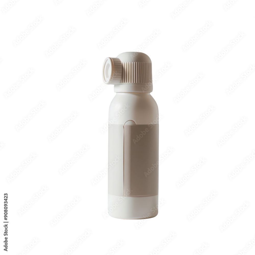 White plastic bottle with a spray nozzle, isolated on a white background. The bottle has a blank label. White plastic bottle with a spray nozzle, isolated on a white background. The bottle has a blank label.