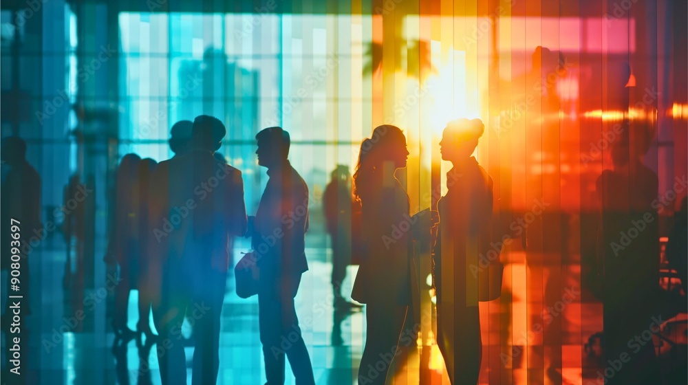 Silhouettes of people in conversation set against a vibrant background of colorful, abstract light patterns. The image exudes a sense of networking Silhouettes of people in conversation set against a vibrant background of colorful, abstract light patterns. The image exudes a sense of networking