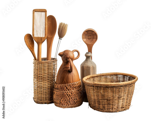 Wooden kitchen utensils and a decorative wooden figure in woven baskets.