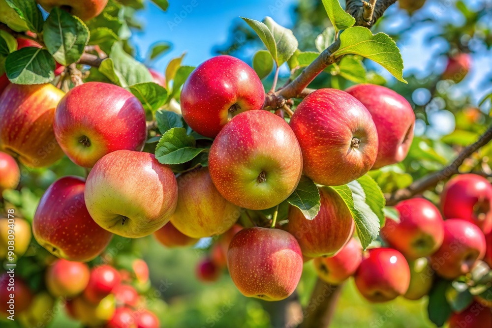 Clusters of bright red apples dangle from the branches of a flourishing tree, with green leaves framing their glossy surfaces. Generative AI Clusters of bright red apples dangle from the branches of a flourishing tree, with green leaves framing their glossy surfaces. Generative AI