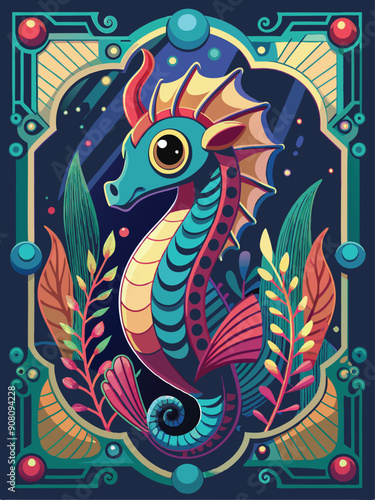 A Colorful Seahorse with a Swirling Tail Inside an Ornate Frame