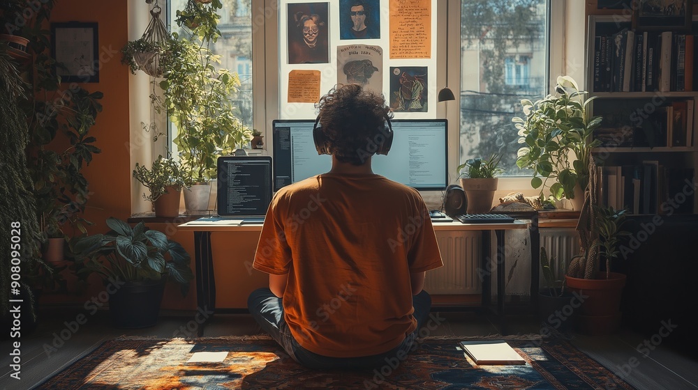 Man wearing headphones working from home sitting on the floor at a desk in front of a window. Man wearing headphones working from home sitting on the floor at a desk in front of a window.