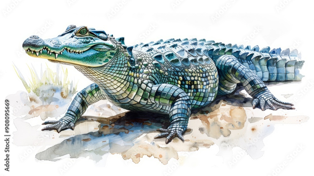 Naklejka premium Expressive watercolor rendering of a crocodile on the riverbank