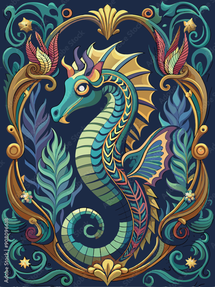 Ornate Seahorse Framed in Gilded Floral Scrollwork Ornate Seahorse Framed in Gilded Floral Scrollwork