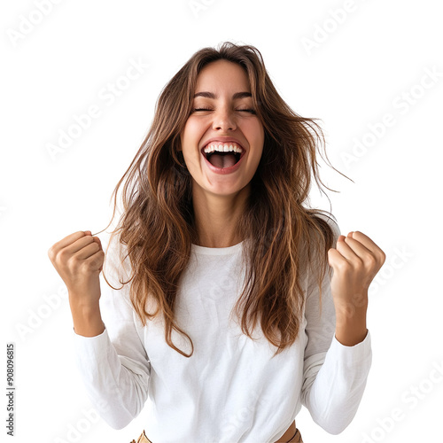 Happy Excited Woman Celebrating Success with Joyful Expression and Raised Fists, Perfect for Concepts of Happiness, Success, and Positive Emotions in a Bright and Cheerful Setting