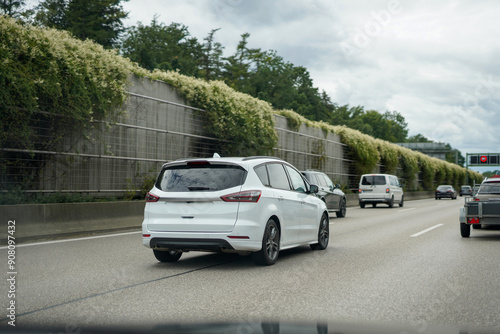 High-speed road with moving cars. Autobahn and cars.