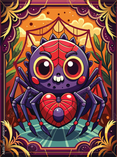 Cartoon spider with large eyes and a red heart-shaped abdomen