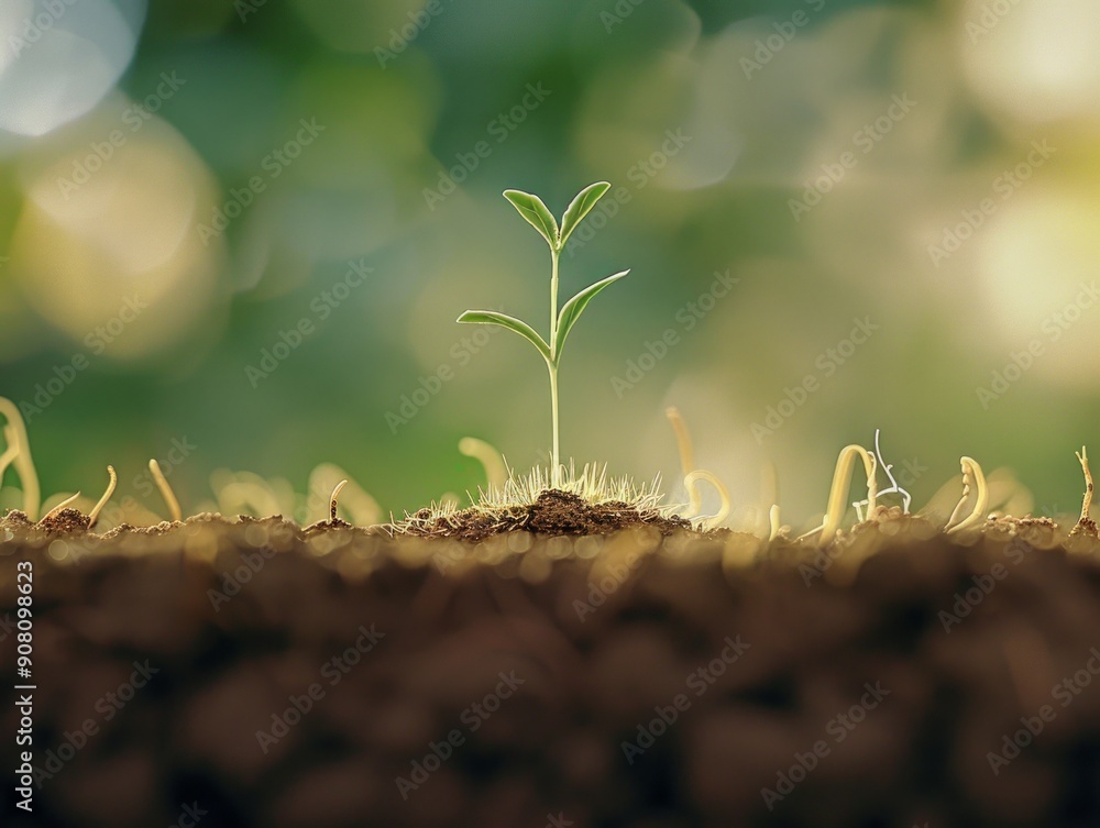 Fototapeta premium Medium shot of A slice of the earth, a side view, a sprout on the earth, roots entwine the sprout, grass grow on top, themed background, 