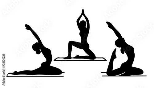 Vector illustration, Line art of yoga poses, simple line style, elegant and sophisticated silhouettes, black outlines on a white background