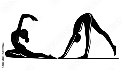 Vector illustration, Line art of yoga poses, simple line style, elegant and sophisticated silhouettes, black outlines on a white background