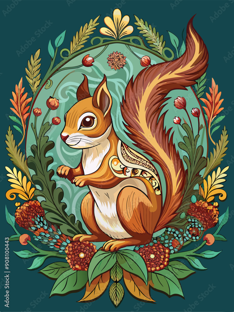 Fototapeta premium A Squirrel Surrounded by Lush Floral Artwork